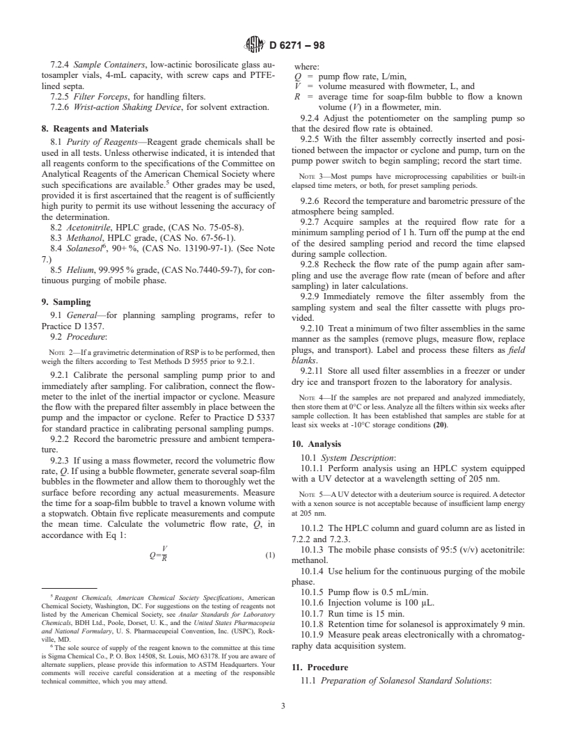 ASTM D6271-98 - Standard Test Method for Estimating Contribution of Environmental Tobacco Smoke to Respirable Suspended Particles Based on Solanesol