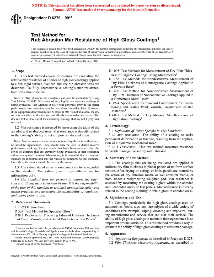 ASTM D6279-99e1 - Test Method for Rub Abrasion Mar Resistance of High Gloss Coatings