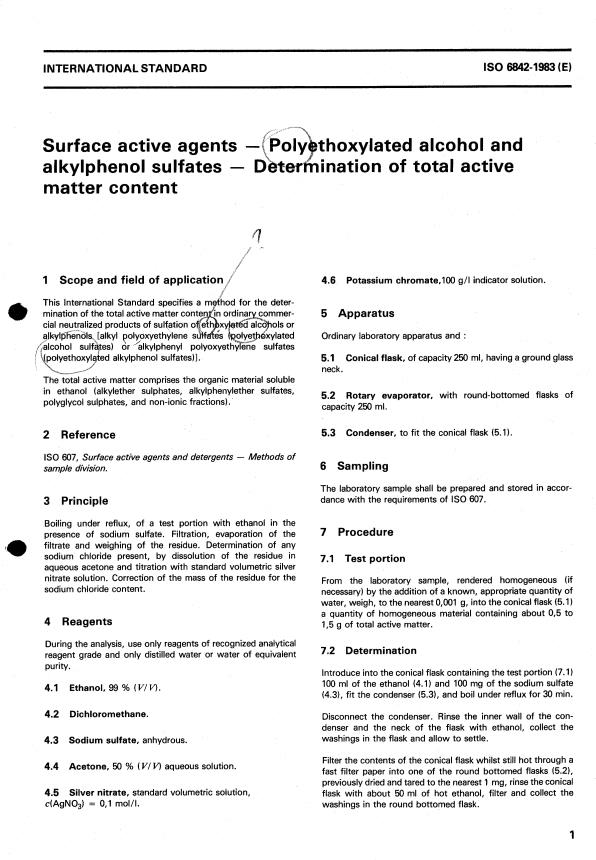 ISO 6842:1983 - Surface active agents -- Polyethoxylated alcohol and alkylphenol sulfates -- Determination of total active matter content