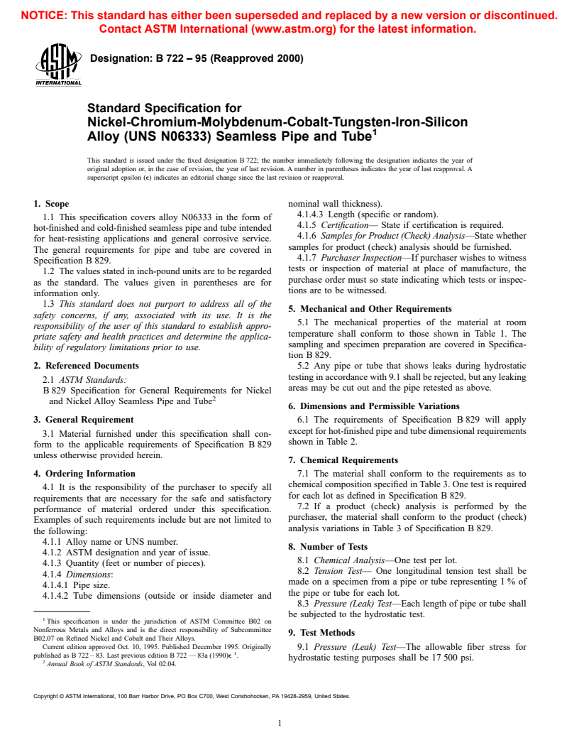 ASTM B722-95(2000) - Standard Specification for Nickel-Chromium-Molybdenum-Cobalt-Tungsten-Iron-Silicon Alloy (UNS N06333) Seamless Pipe and Tube