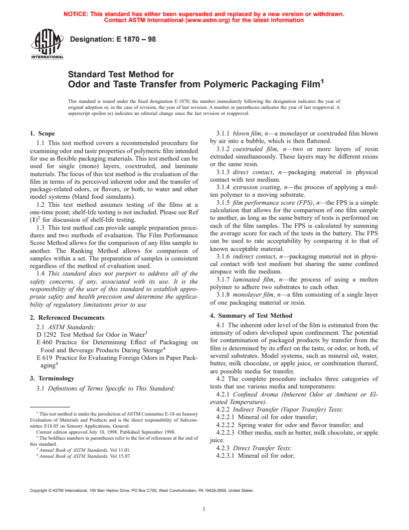 ASTM E1870-98 - Standard Test Method for Odor and Taste Transfer from Polymeric Packaging Film