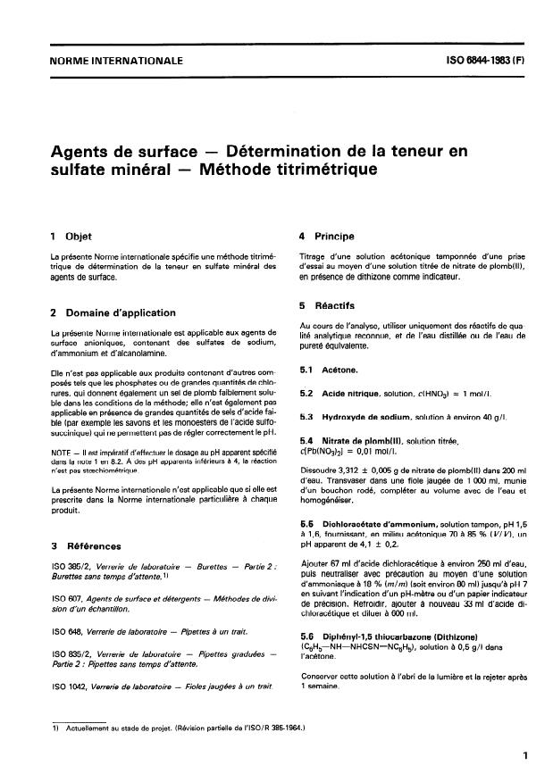 ISO 6844:1983 - Agents de surface -- Détermination de la teneur en sulfate minéral -- Méthode titrimétrique