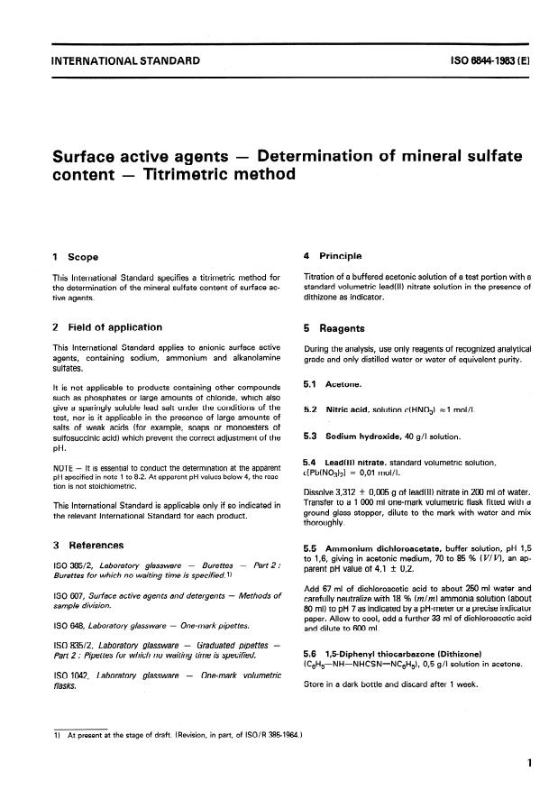 ISO 6844:1983 - Surface active agents -- Determination of mineral sulfate content -- Titrimetric method