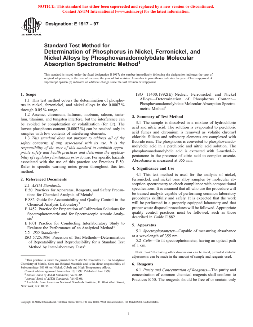 ASTM E1917-97 - Standard Test Method for Determination of Phosphorous in Nickel, Ferronickel, and Nickel Alloys by Phosphovanadomolybdate Molecular Absorption Spectrometric Method