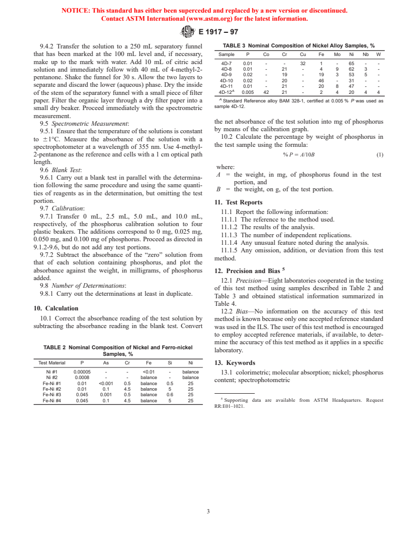 ASTM E1917-97 - Standard Test Method for Determination of Phosphorous in Nickel, Ferronickel, and Nickel Alloys by Phosphovanadomolybdate Molecular Absorption Spectrometric Method