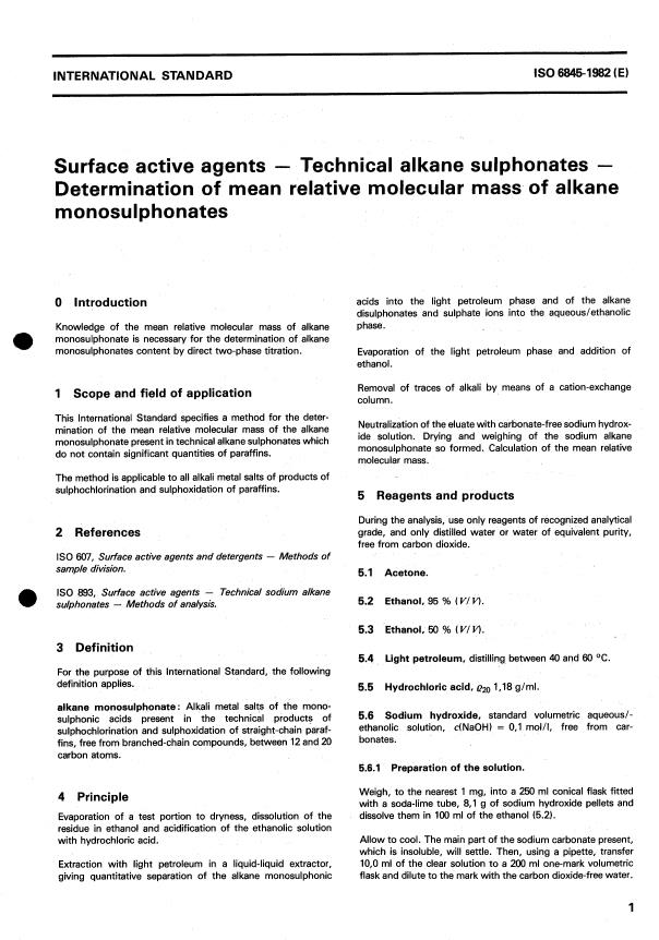 ISO 6845:1982 - Surface active agents -- Technical alkane sulphonates -- Determination of mean relative molecular mass of alkane monosulphonates