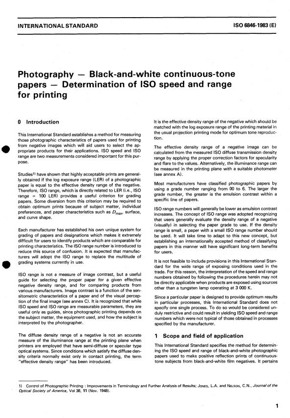 ISO 6846:1983 - Photography --  Black-and-white continuous-tone papers -- Determination of ISO speed and range for printing