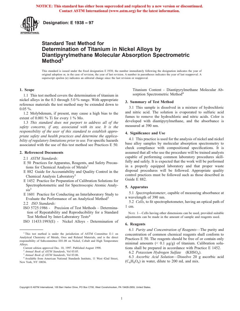 ASTM E1938-97 - Standard Test Method for Determination of Titanium in Nickel Alloys by Diantipyrylmethane Molecular Absorption Spectrometric Method