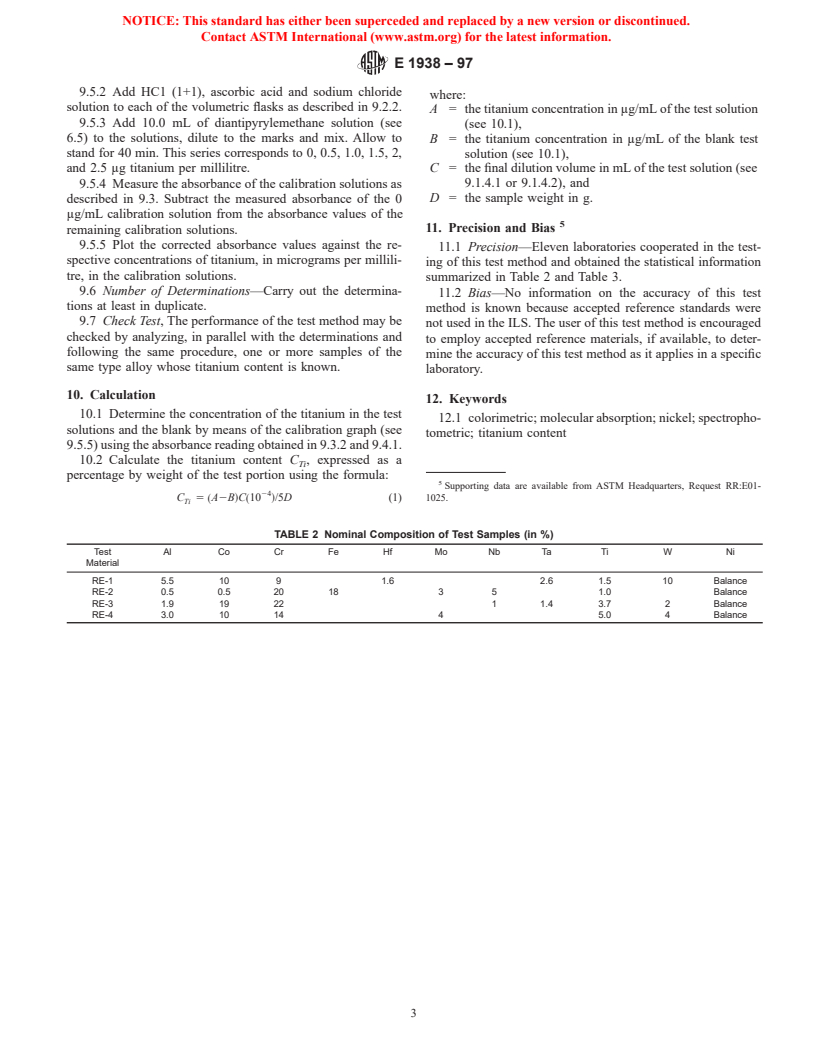 ASTM E1938-97 - Standard Test Method for Determination of Titanium in Nickel Alloys by Diantipyrylmethane Molecular Absorption Spectrometric Method