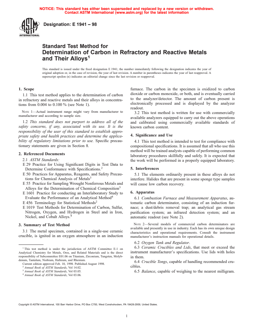 ASTM E1941-98 - Standard Test Method for Determination of Carbon in Refractory and Reactive Metals and Their Alloys