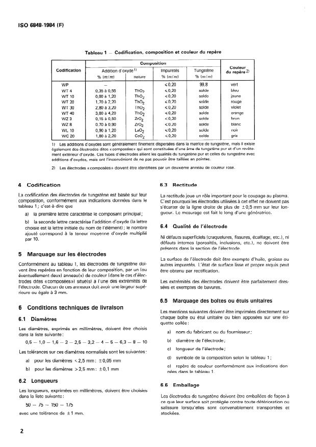 ISO 6848:1984 ISO 6848:1984 - Électrodes de tungstene pour soudage a l'arc en atmosphere inerte, et pour soudage et coupage plasma -- Codification - Page 4 preview