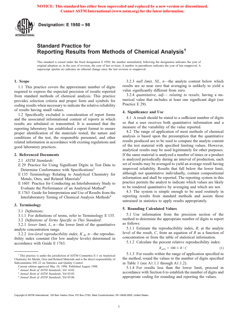 ASTM E1950-98 - Standard Practice for Reporting Results from Methods of Chemical Analysis