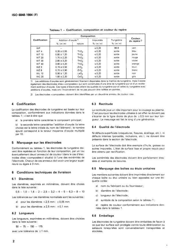 ISO 6848:1984 ISO 6848:1984 - Électrodes de tungstene pour soudage a l'arc en atmosphere inerte, et pour soudage et coupage plasma -- Codification - Page 4 preview