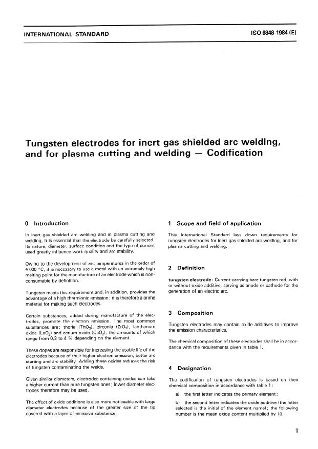 ISO 6848:1984 - Tungsten electrodes for inert gas shielded arc welding, and for plasma cutting and welding -- Codification