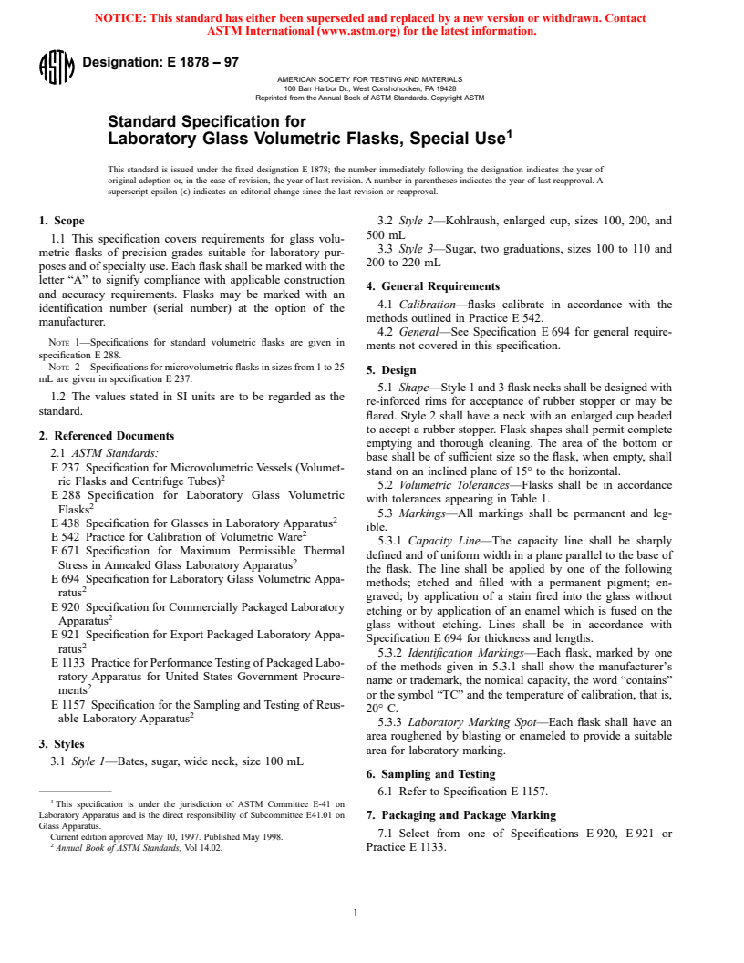 ASTM E1878-97 - Standard Specification for Laboratory Glass Volumetric Flasks, Special Use