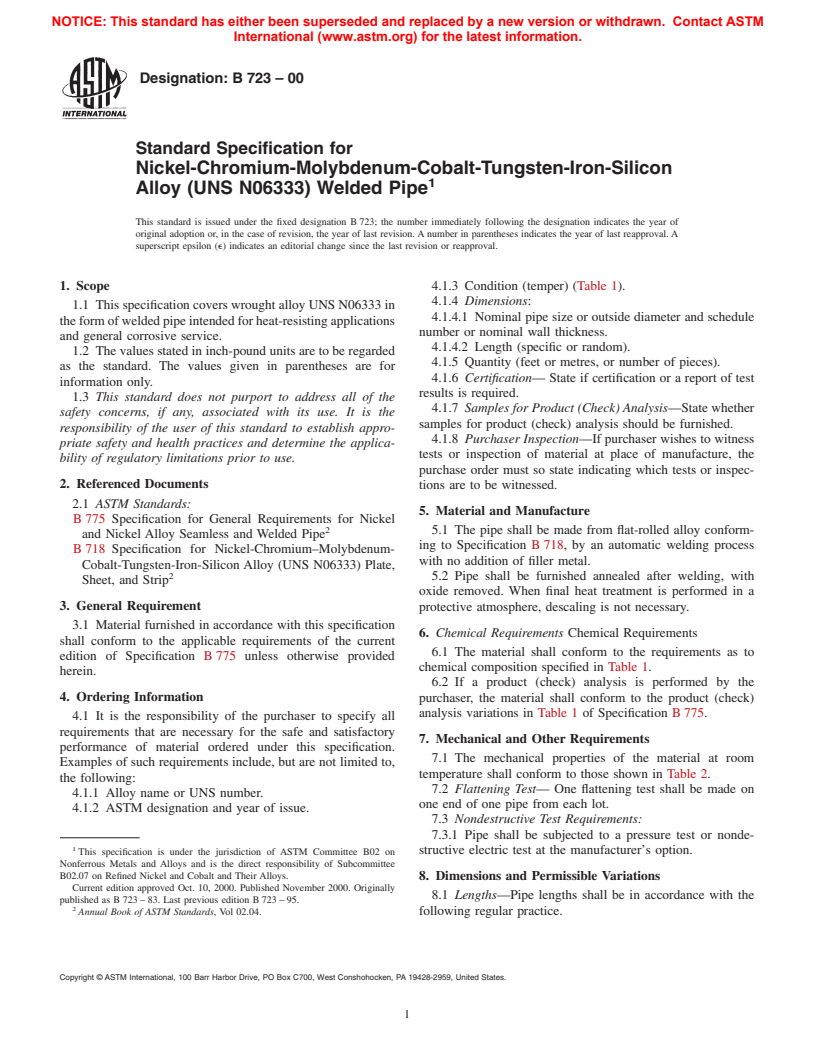 ASTM B723-00 - Standard Specification for Nickel-Chromium-Molybdenum-Cobalt-Tungsten-Iron-Silicon Alloy (UNS N06333) Welded Pipe