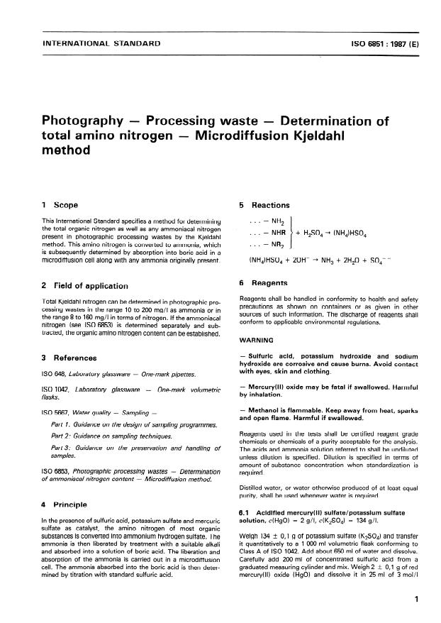 ISO 6851:1987 - Photography -- Processing waste -- Determination of total amino nitrogen -- Microdiffusion Kjeldahl method