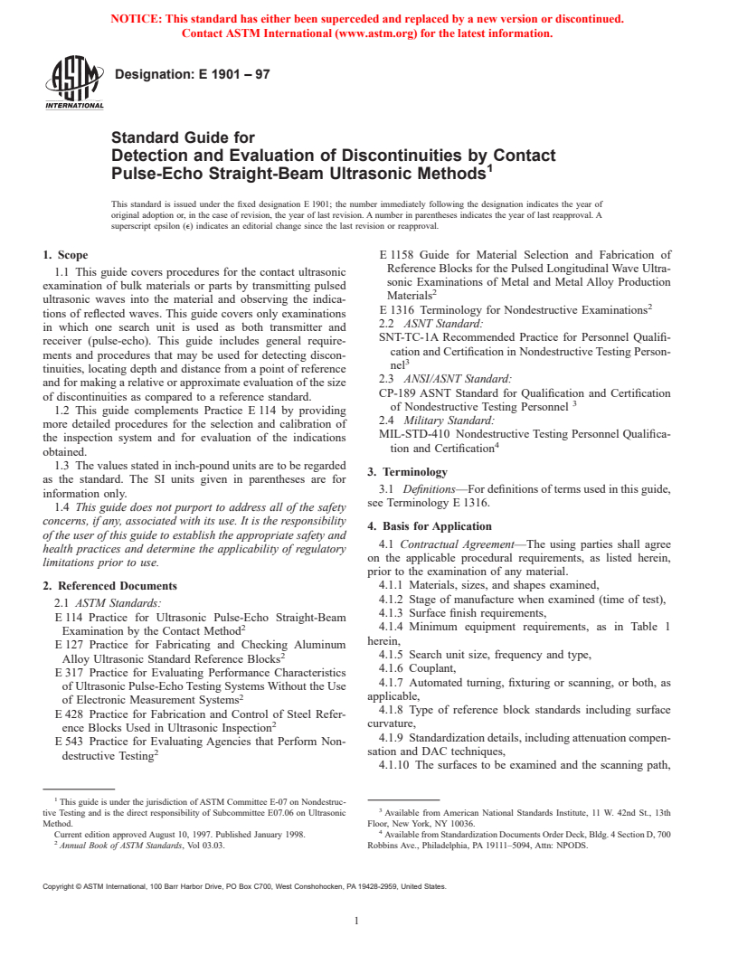 ASTM E1901-97 - Standard Guide for Detection and Evaluation of Discontinuities by Contact Pulse-Echo Straight-Beam Ultrasonic Methods