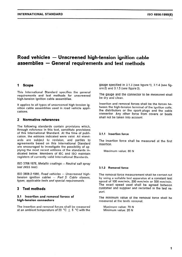 ISO 6856:1990 - Road vehicles -- Unscreened high-tension ignition cable assemblies -- General requirements and test methods