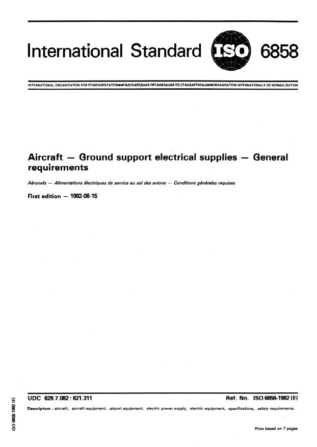 ISO 6858:1982 - Aircraft -- Ground support electrical supplies -- General requirements