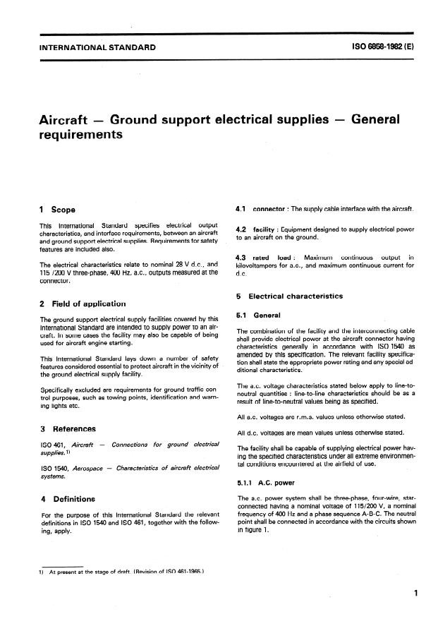 ISO 6858:1982 - Aircraft -- Ground support electrical supplies -- General requirements