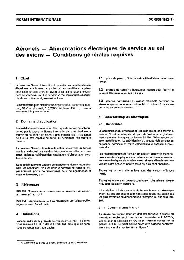 ISO 6858:1982 - Aéronefs -- Alimentations électriques de service au sol des avions -- Conditions générales requises