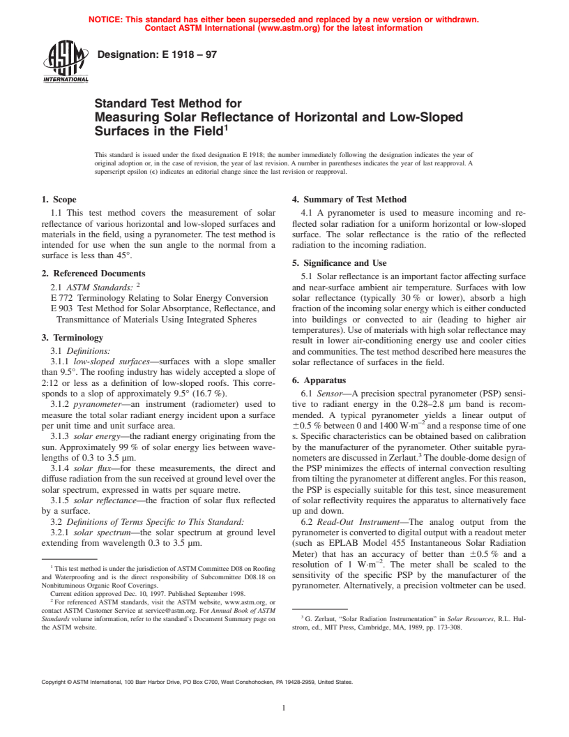 ASTM E1918-97 - Standard Test Method for Measuring Solar Reflectance of Horizontal and Low-Sloped Surfaces in the Field (Withdrawn 2006)