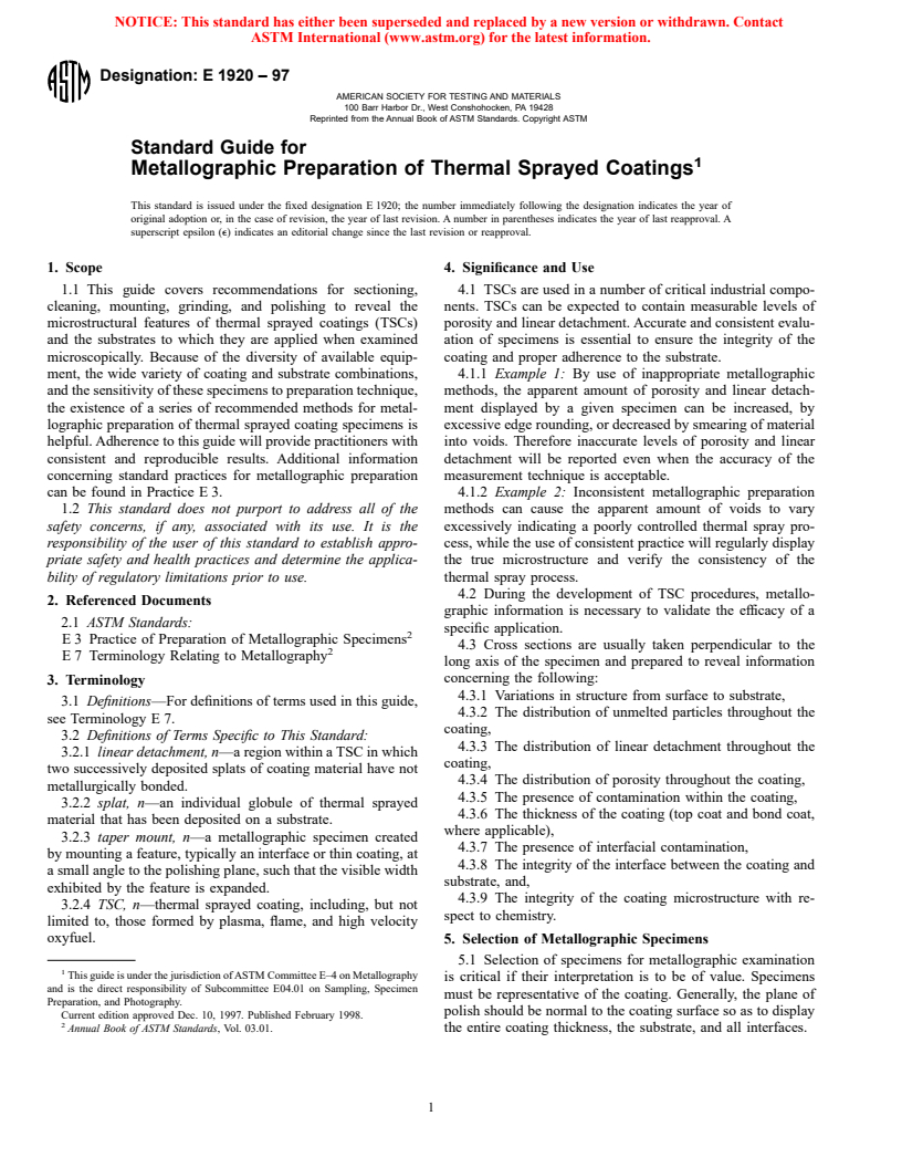 ASTM E1920-97 - Standard Guide for Metallographic Preparation of Thermal Sprayed Coatings