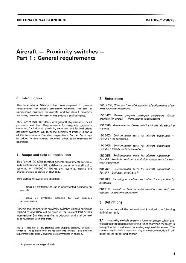 ISO 6859-1:1982 - Aircraft -- Proximity switches
