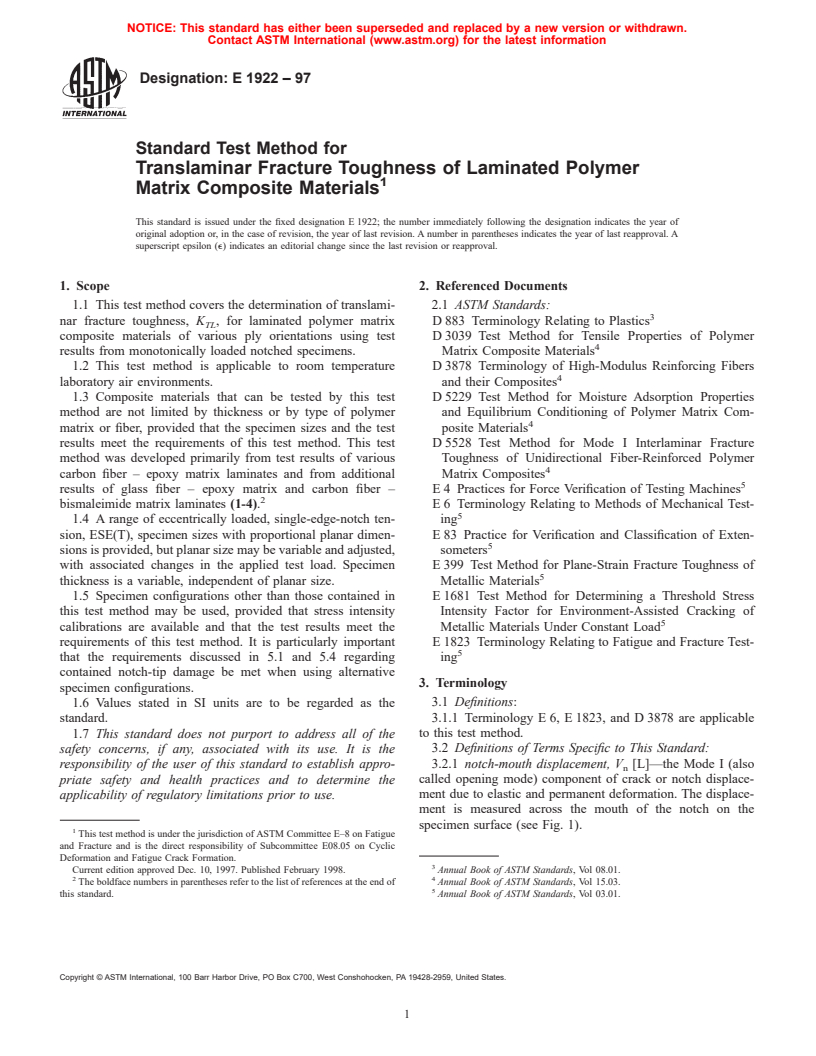 ASTM E1922-97 - Standard Test Method for Translaminar Fracture Toughness of Laminated Polymer Matrix Composite Materials