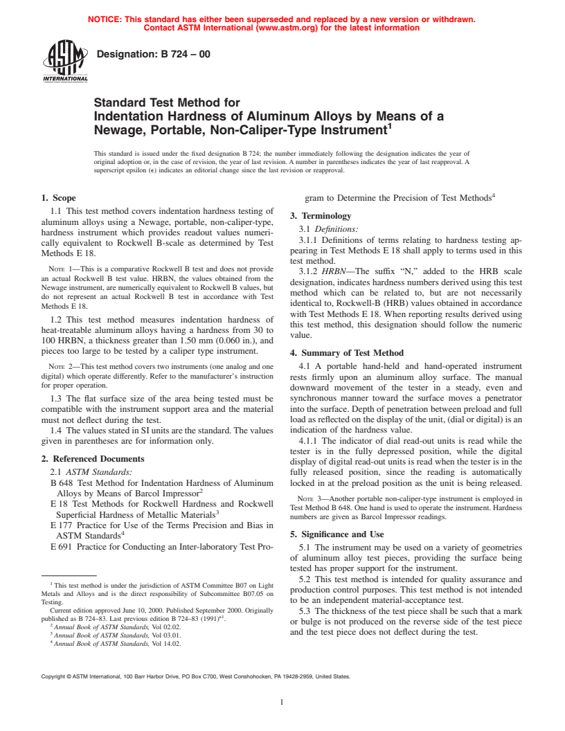 ASTM B724-00 - Standard Test Method For Indentation Hardness Of ...