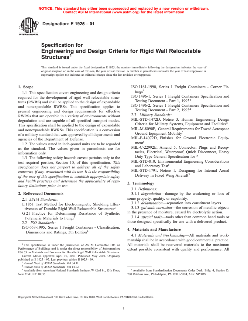 ASTM E1925-01 - Specifiction for Engineering and Design Criteria for Rigid Wall Relocatable Structures