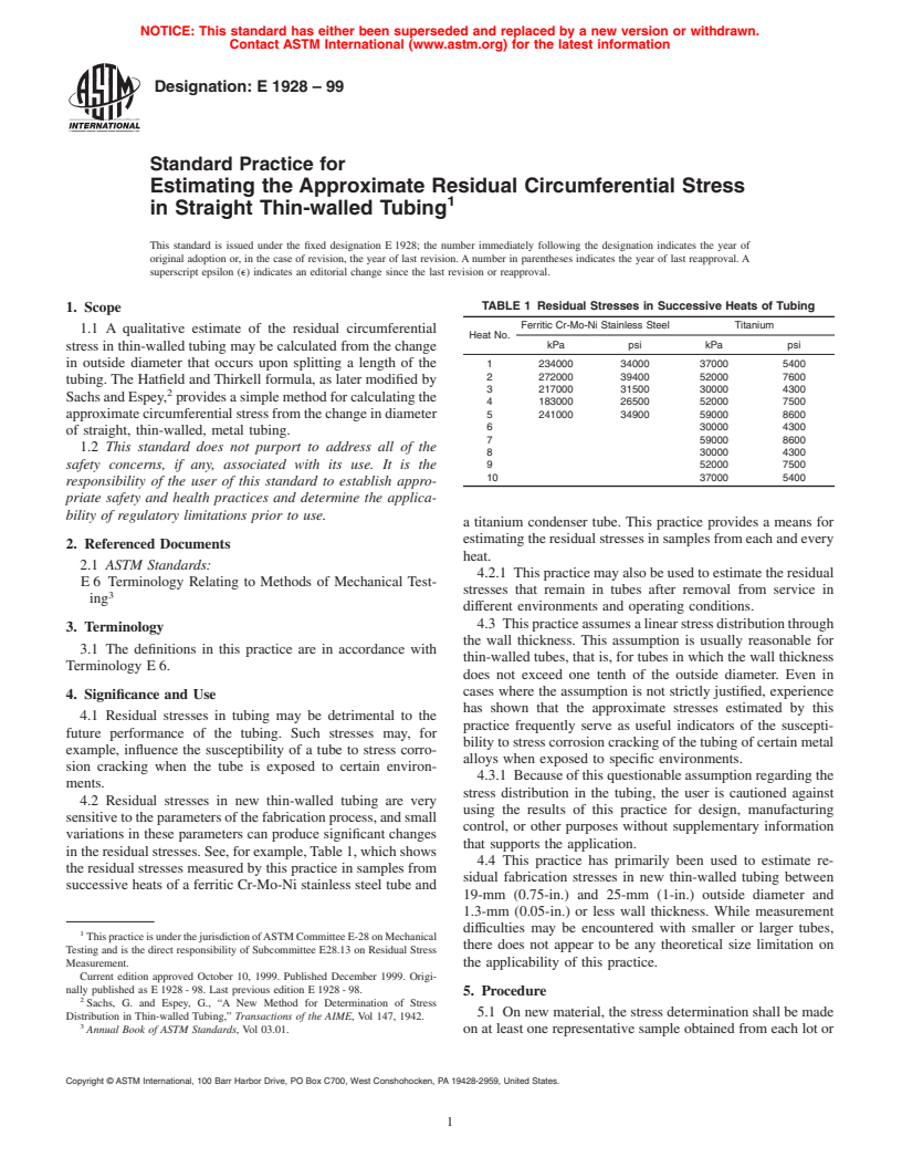 ASTM E1928-99 - Standard Practice for Estimating the Approximate Residual Circumferential Stress in Straight Thin-walled Tubing