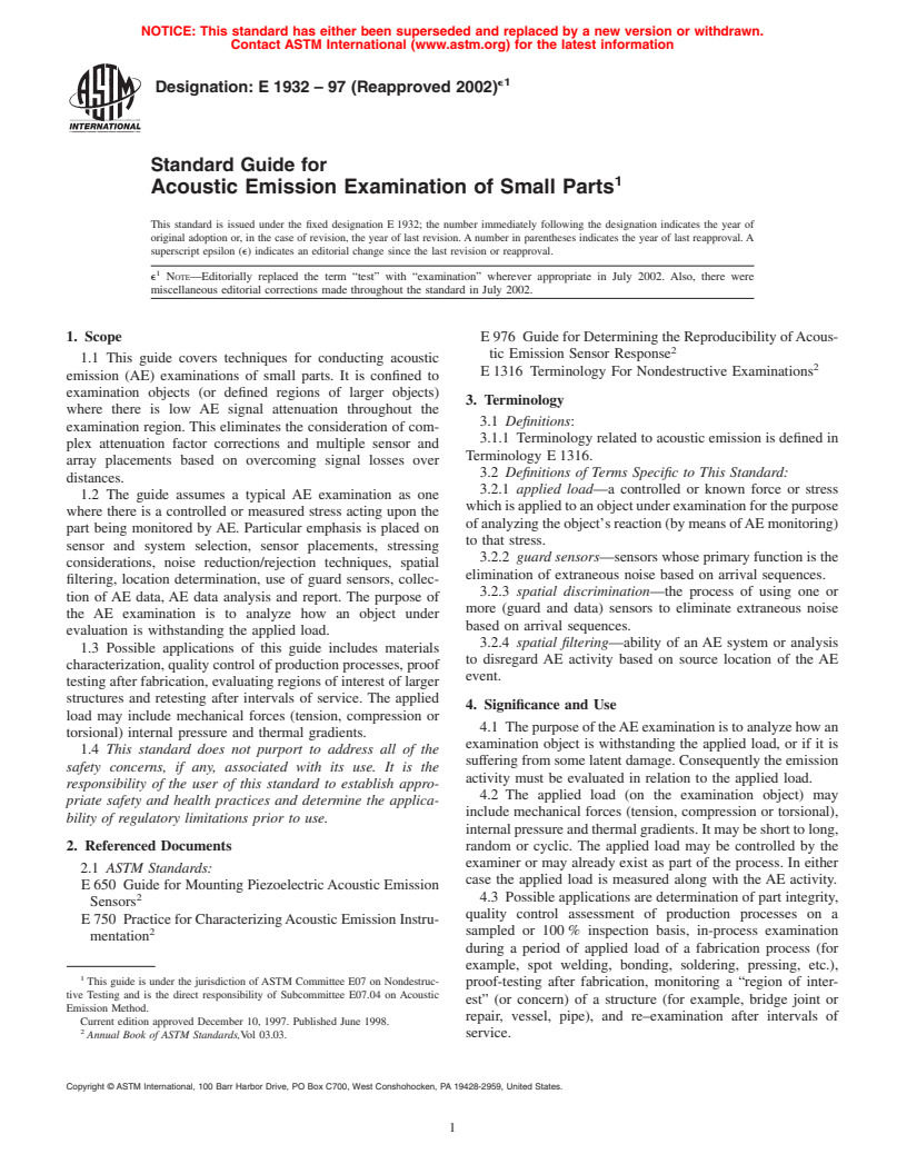 ASTM E1932-97(2002)e1 - Standard Guide for Acoustic Emission Examination of Small Parts