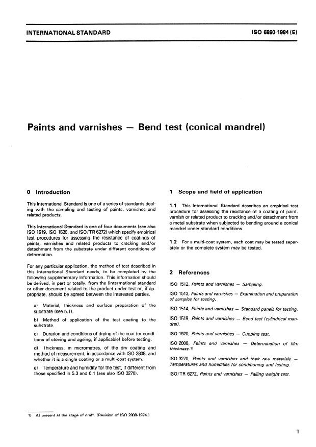 ISO 6860:1984 - Paints and varnishes -- Bend test (conical mandrel)