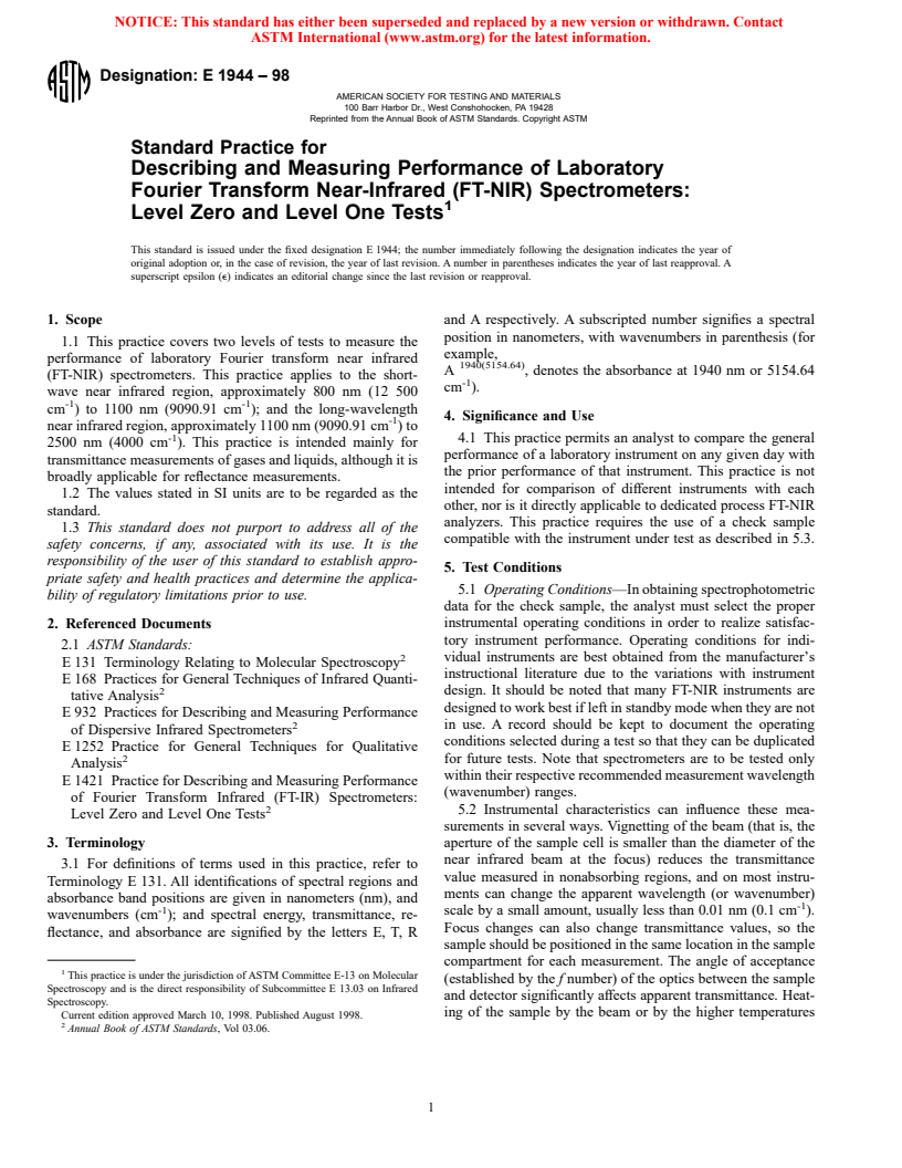 ASTM E1944-98 - Standard Practice for Describing and Measuring Performance of Laboratory Fourier Transform Near-Infrared (FT-NIR) Spectrometers: Level Zero and Level One Tests