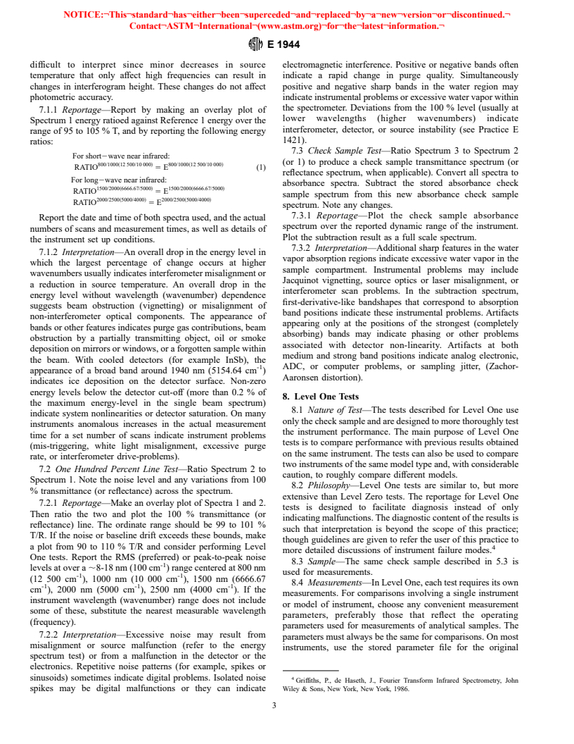 ASTM E1944-98 - Standard Practice for Describing and Measuring Performance of Laboratory Fourier Transform Near-Infrared (FT-NIR) Spectrometers: Level Zero and Level One Tests