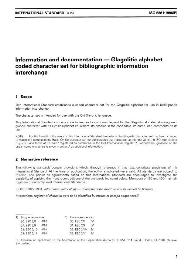 ISO 6861:1996 - Information and documentation -- Glagolitic alphabet coded character set for bibliographic information interchange