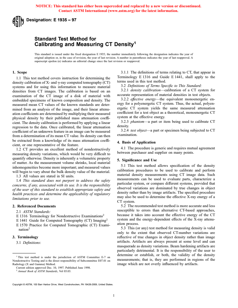 ASTM E1935-97 - Standard Test Method for Calibrating and Meausring CT Density