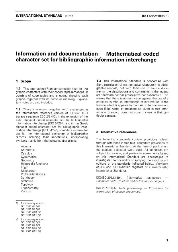 ISO 6862:1996 - Information and documentation -- Mathematical coded character set for bibliographic information interchange