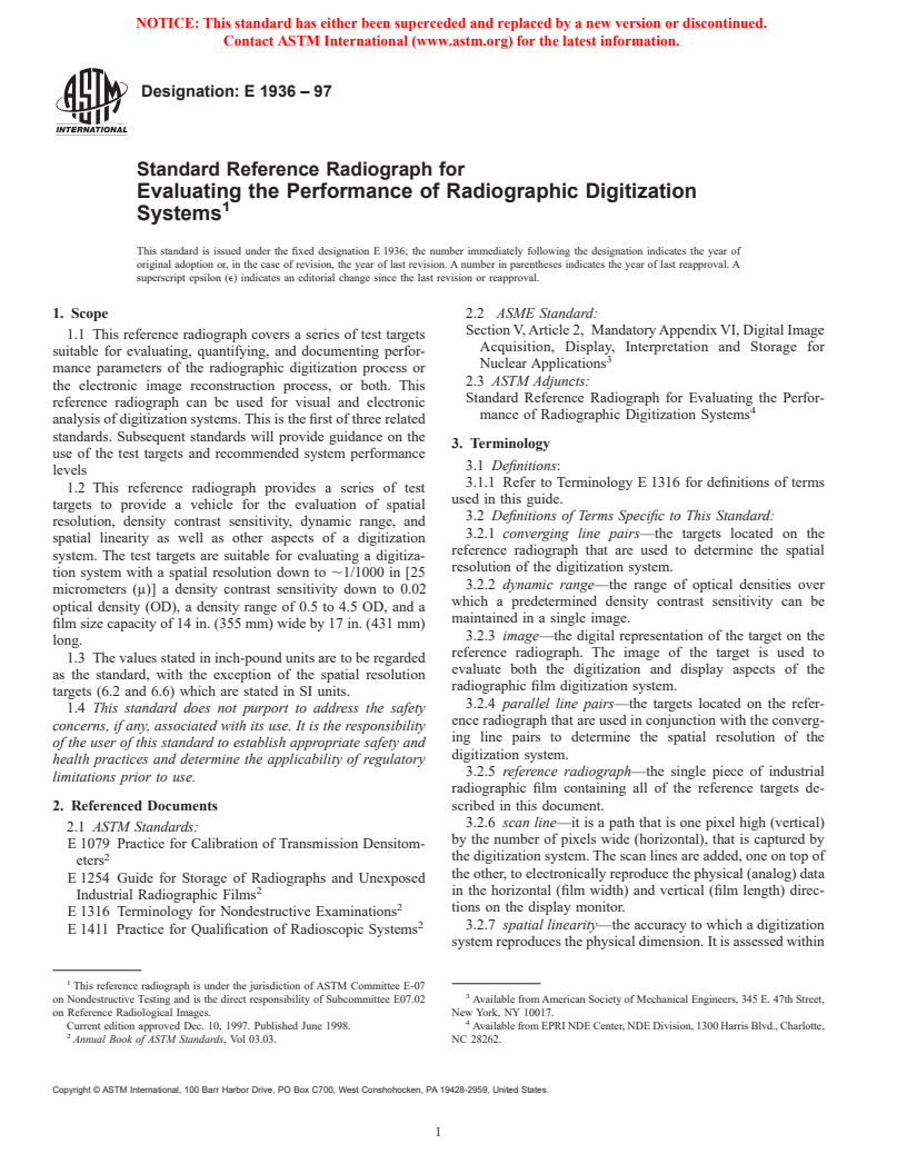 ASTM E1936-97 - Standard Reference Radiograph for Evaluating the Performance of Radiographic Digitization Systems