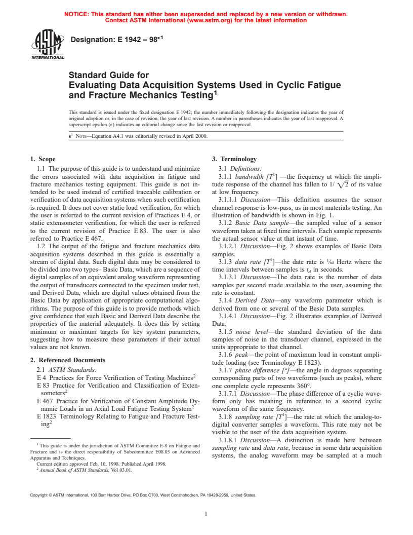 ASTM E1942-98e1 - Standard Guide for Evaluating Data Acquisition Systems Used in Cyclic Fatigue and Fracture Mechanics Testing