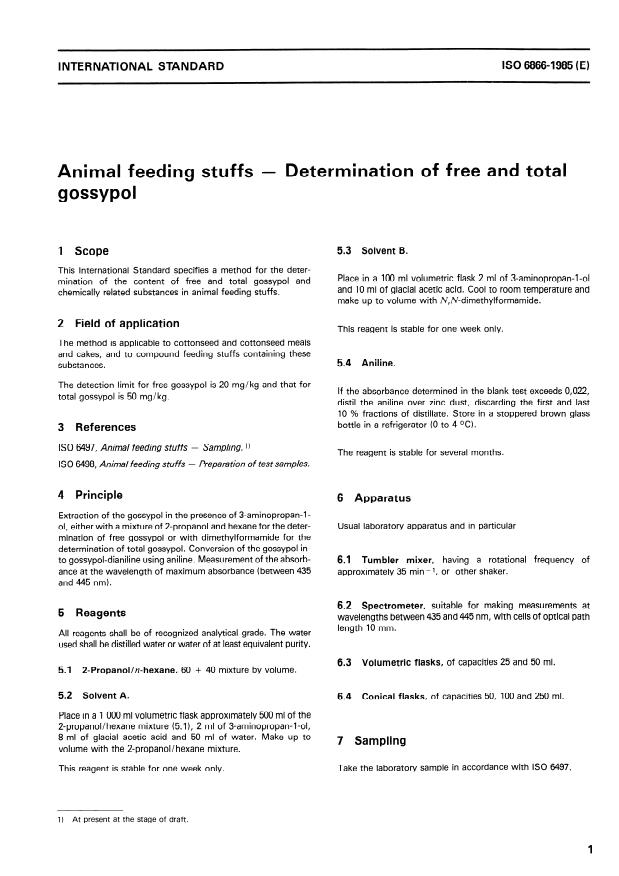 ISO 6866:1985 - Animal feeding stuffs -- Determination of free and total gossypol