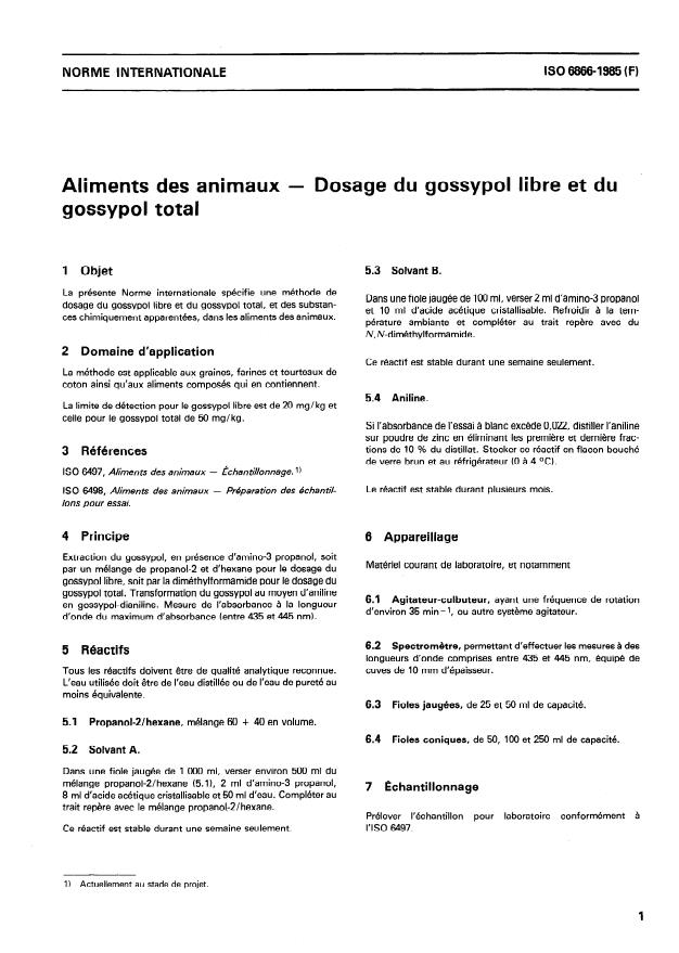 ISO 6866:1985 - Aliments des animaux -- Dosage du gossypol libre et du gossypol total