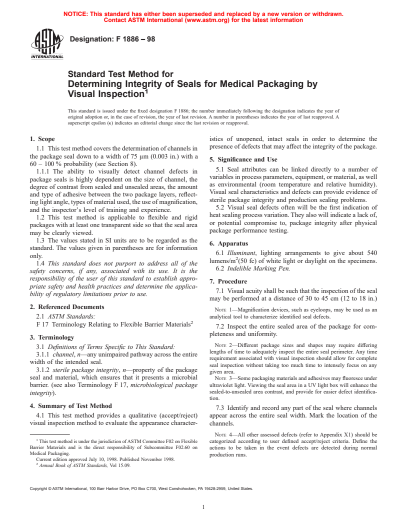 ASTM F1886-98 - Standard Test Method for Determining Integrity of Seals for Medical Packaging by Visual Inspection