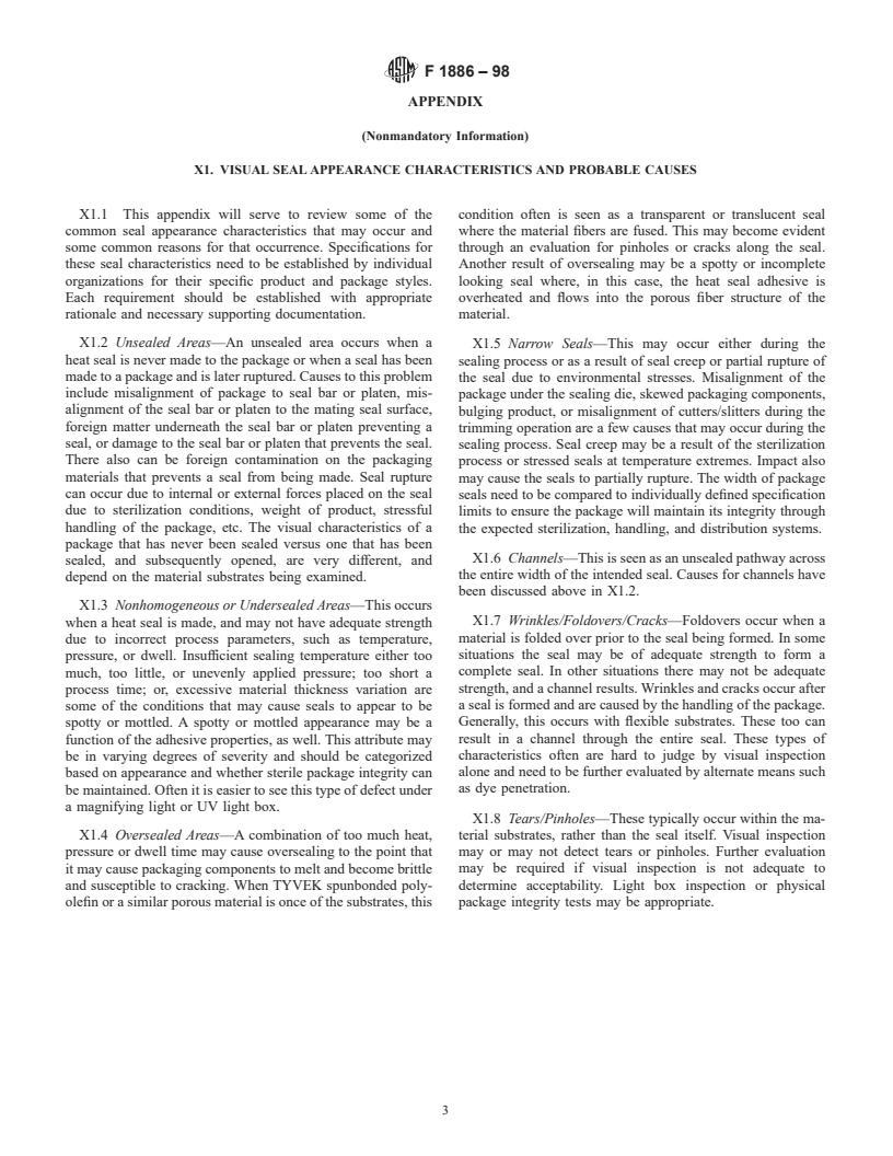 ASTM F1886-98 - Standard Test Method for Determining Integrity of Seals for Medical Packaging by Visual Inspection