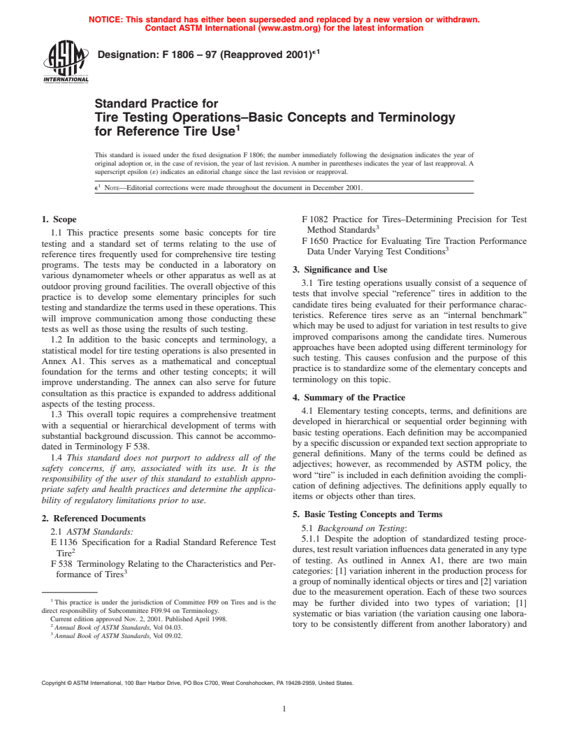 ASTM F1806-97(2001)e1 - Standard Practice for Tire Testing Operations&#8212;Basic Concepts and Terminology for Reference Tire Use