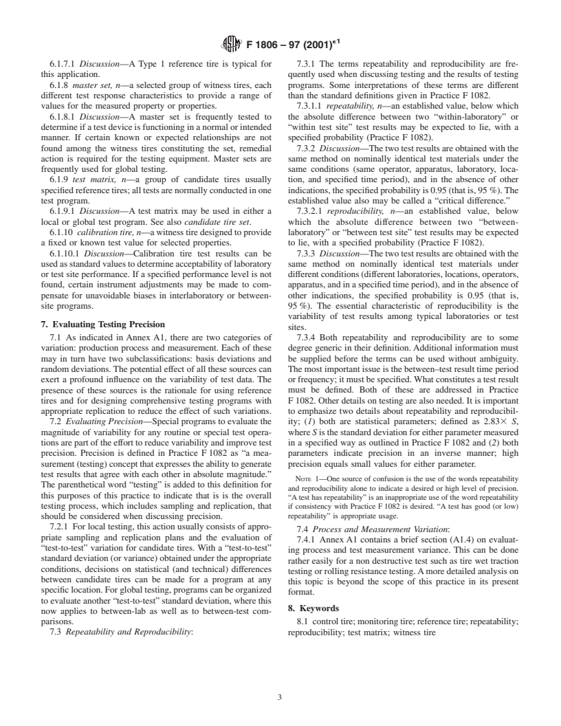 ASTM F1806-97(2001)e1 - Standard Practice for Tire Testing Operations&#8212;Basic Concepts and Terminology for Reference Tire Use