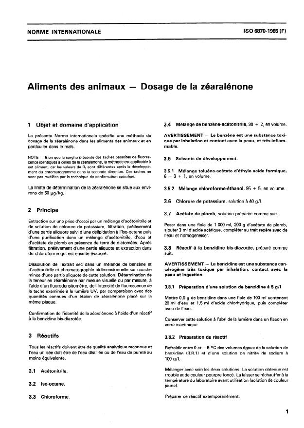 ISO 6870:1985 - Aliments des animaux -- Dosage de la zéaralénone