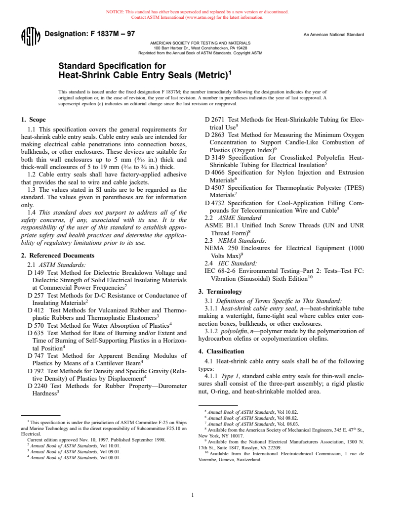 ASTM F1837M-97 - Standard Specification for Heat-Shrink Cable Entry Seals (Metric)